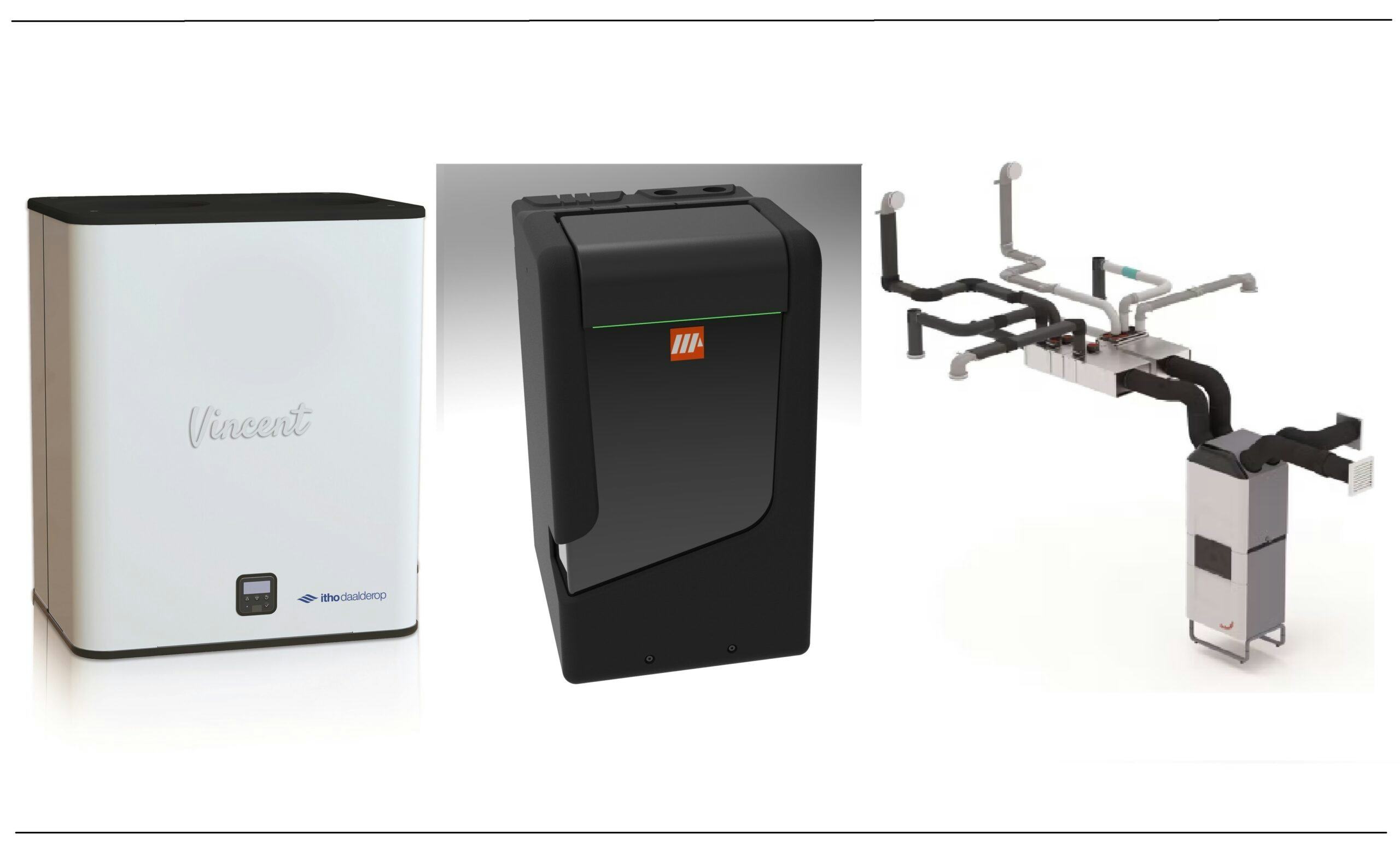 V.l.n.r. De drie genomineerde warmtepompen: Vincent (Itho Daalderop), PVT-warmtepomp (Triple Solar) en ComfoClime & ThermaShield (Zehnder).