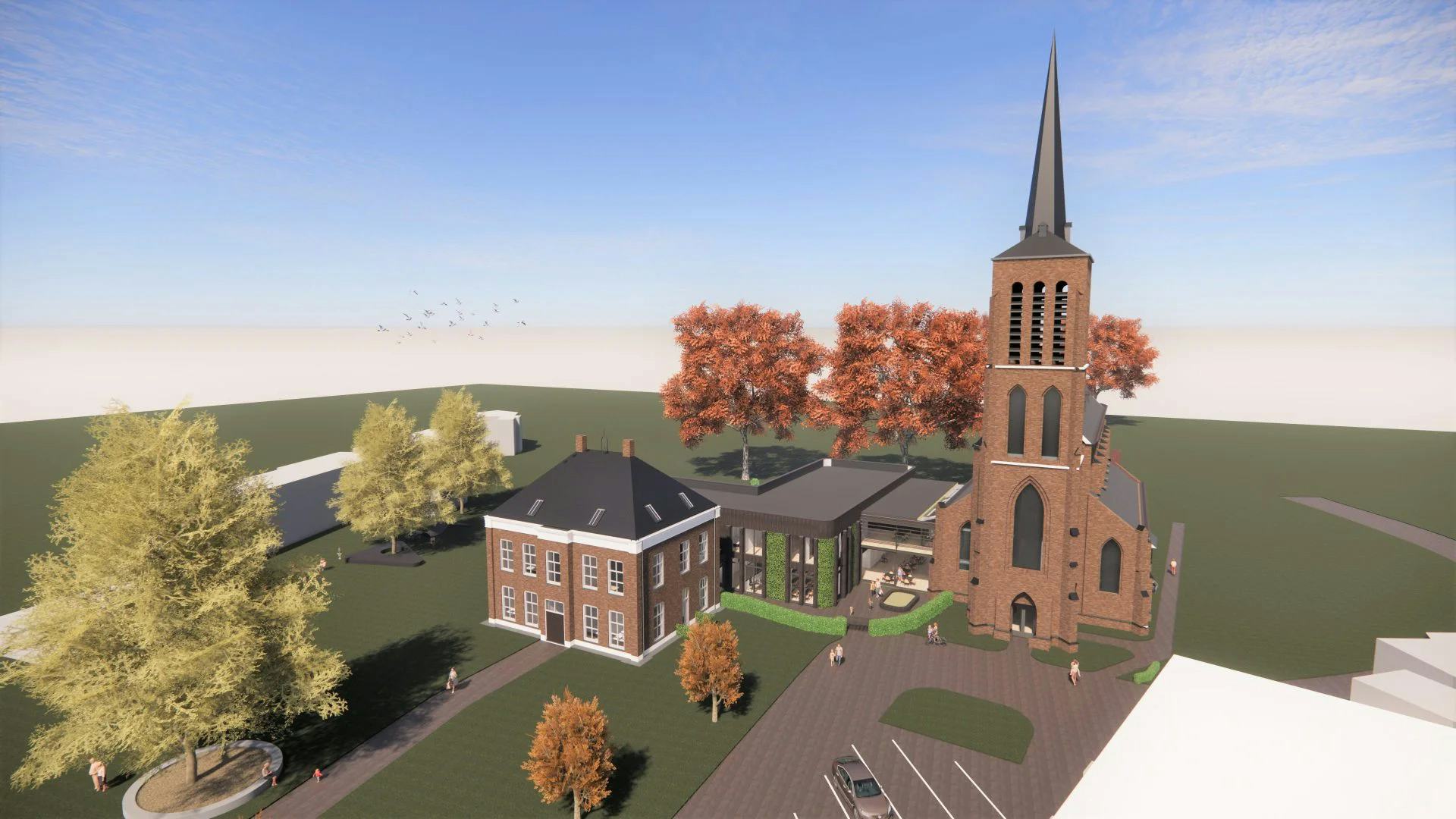 Naast de bestaande kerk komt een aanbouw met veel glas, en een pastorie. Artists impression: LA Architecten