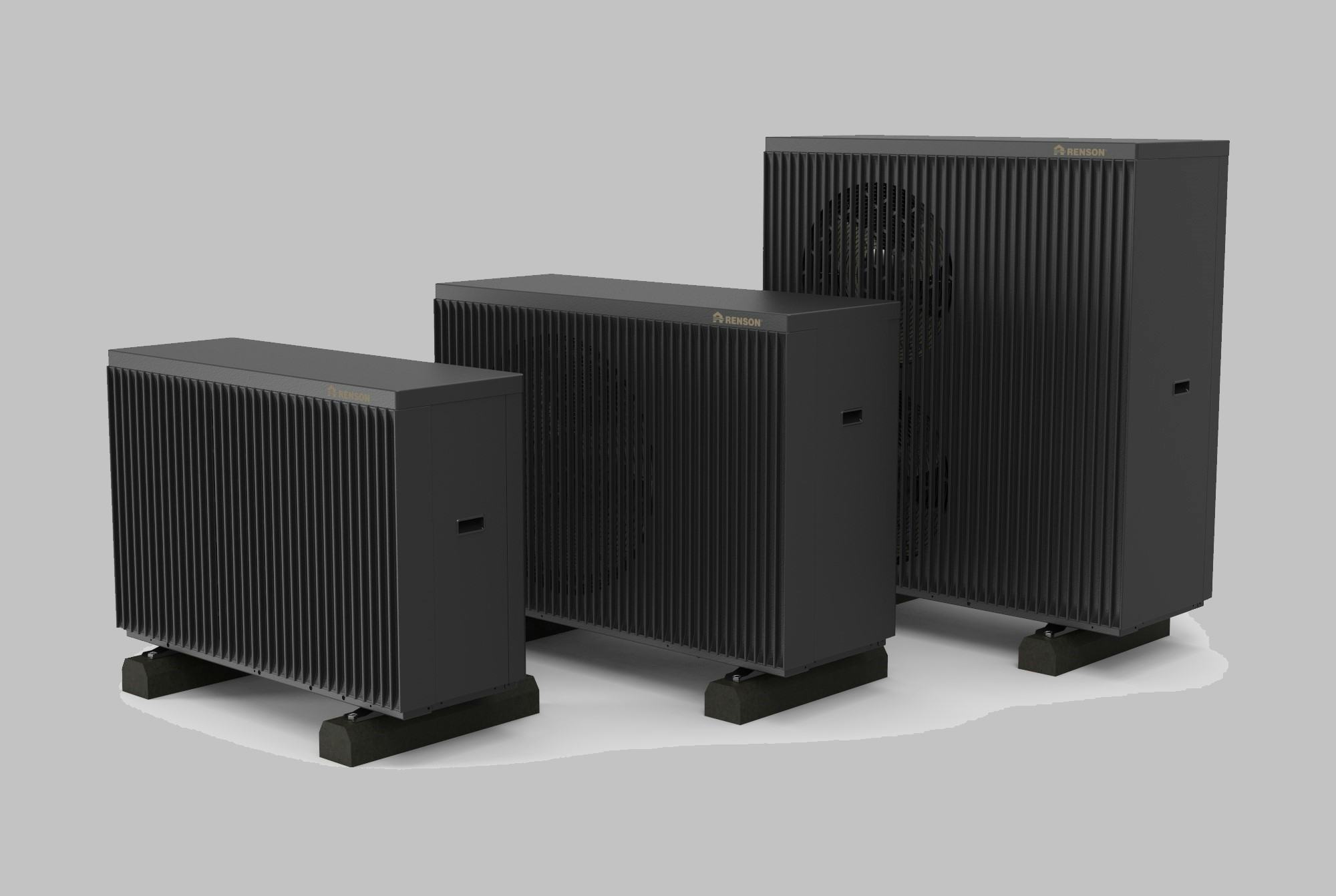De drie versies (vermogens) van de nieuwe warmtepomp van Renson.