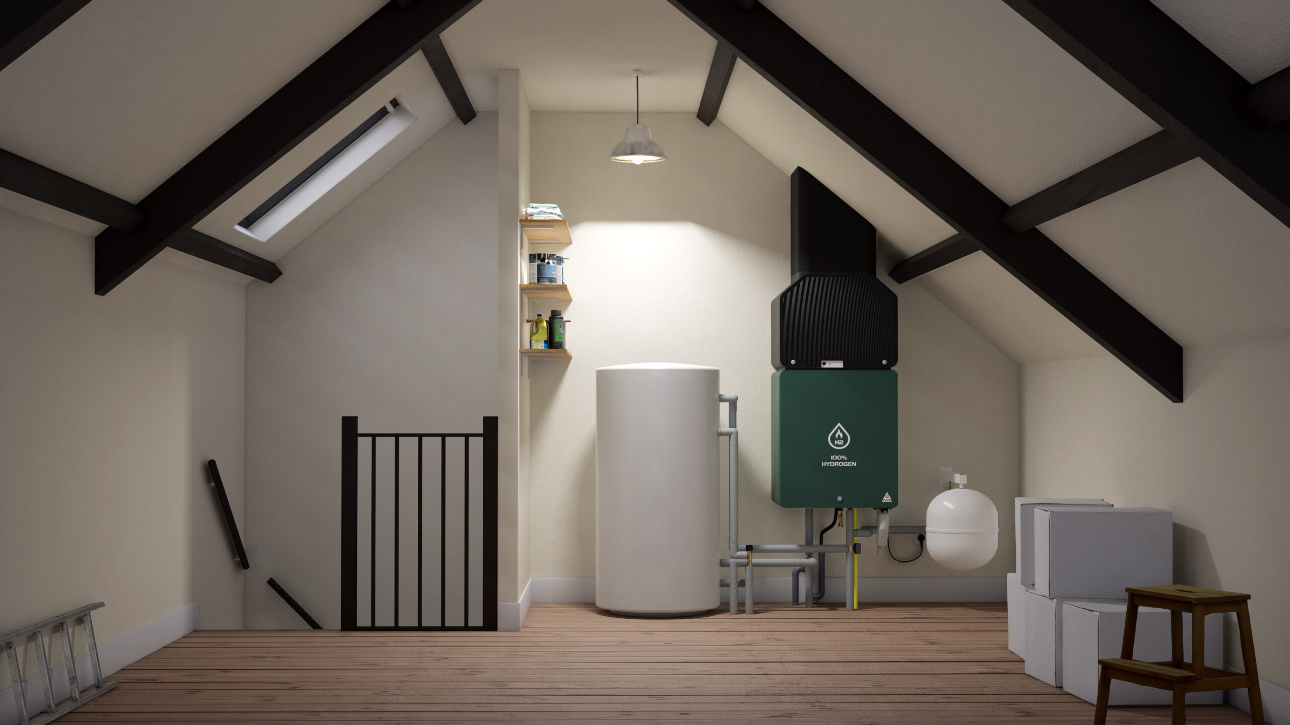 Artist impression van de waterstofwarmtepomp in een woning.