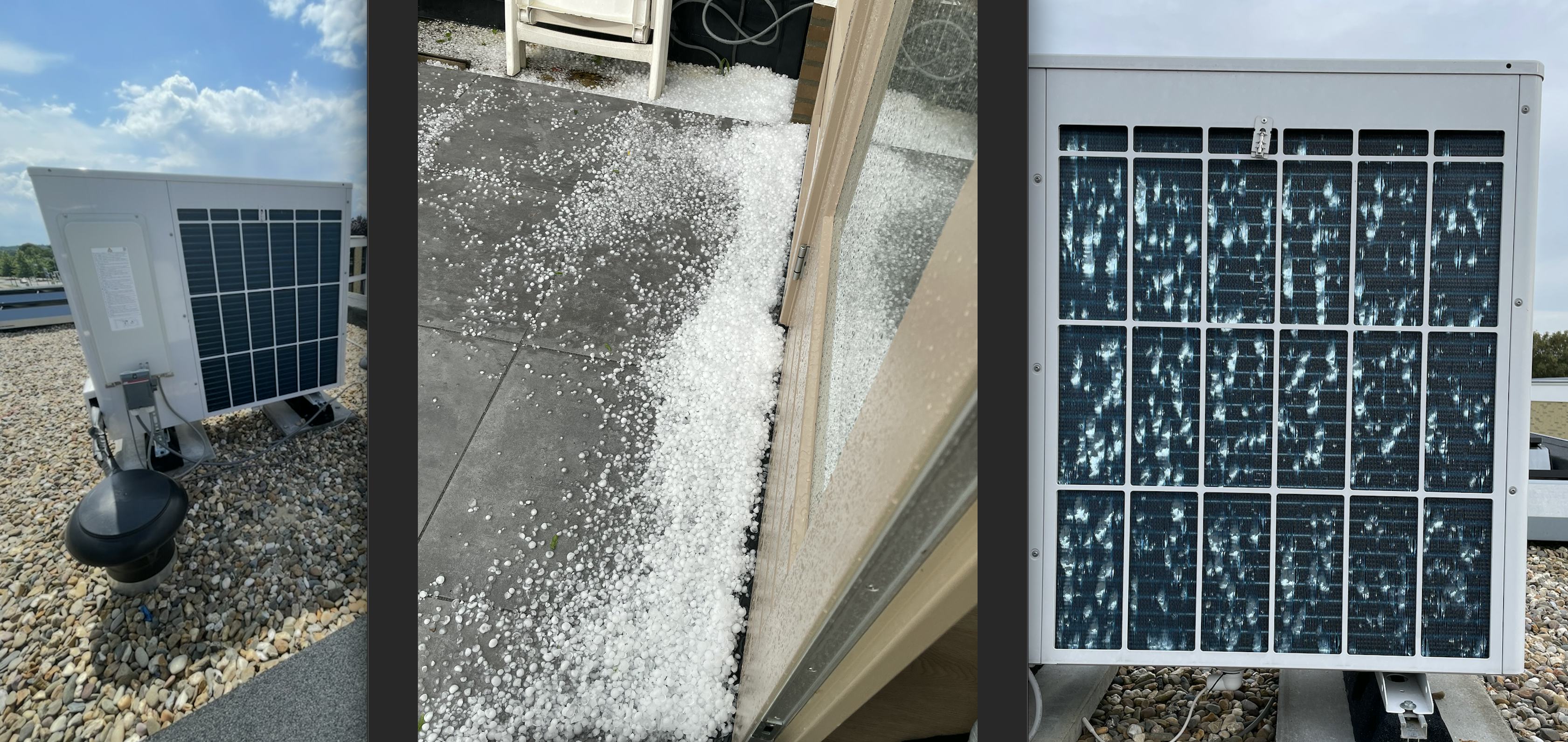De warmtepomp waarvan de lamellen als gevolg van een hevige hagelbui onherstelbaar beschadigd raakten.