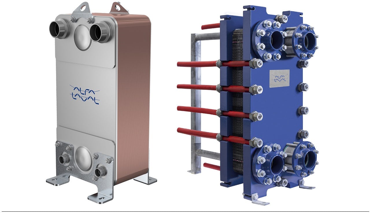 Twee platenwisselaars van Alfa Laval (links: AC540DQ, rechts: T10). 