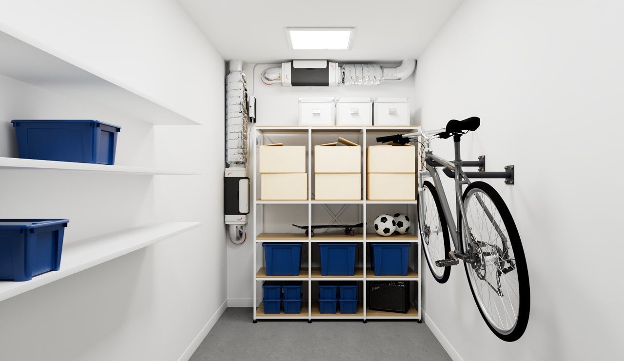 Berging met twee ComfoVar Aero-kleppen van Zehnder, tegen de achterwand.