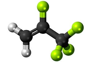 Schematische voorstelling van een 2,3,3,3-tetrafluoropropeenmolecuul (de HFO  R1234yf).