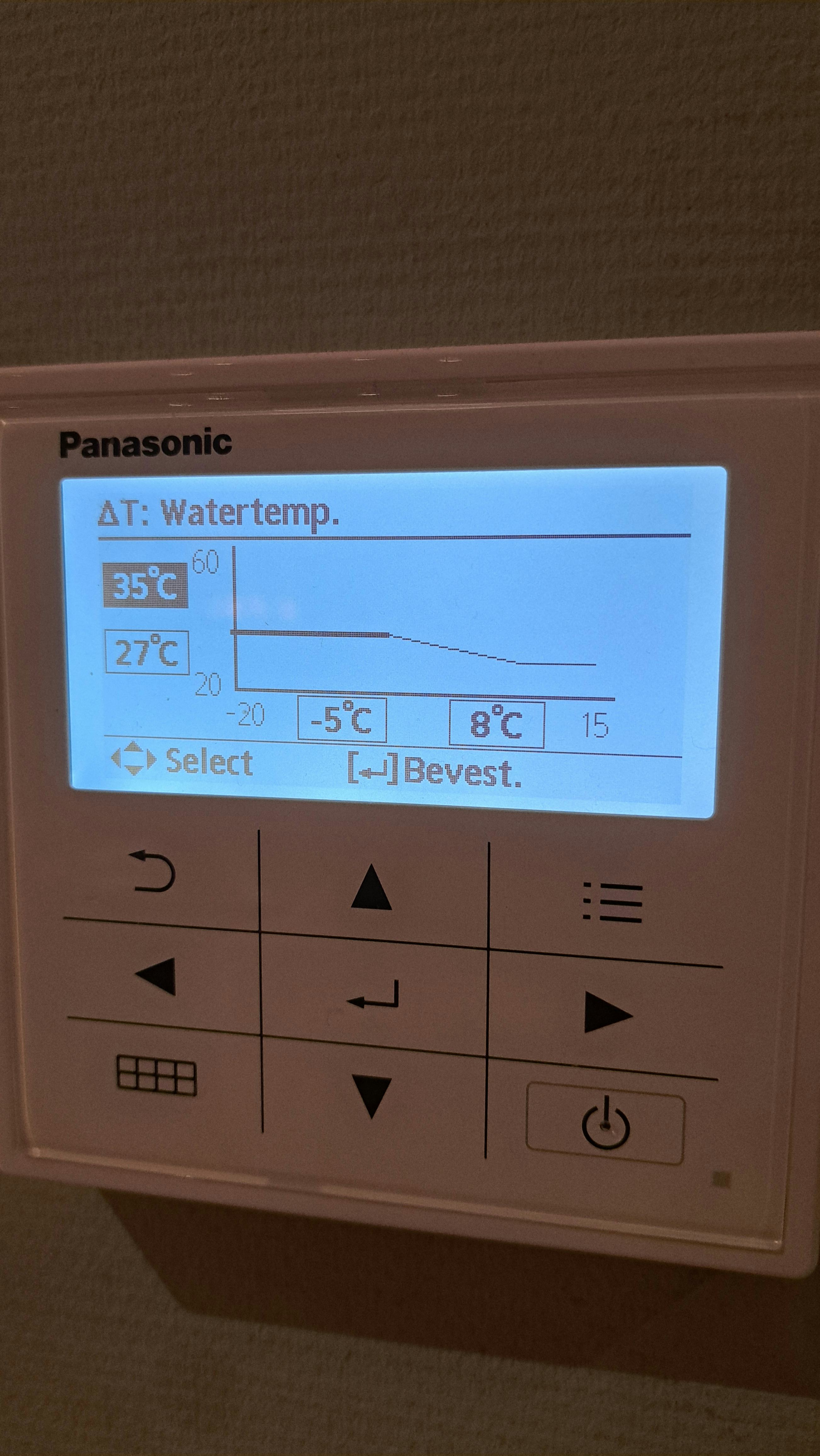 De Panasonic-controller waarmee de stooklijn kan worden ingesteld. Aan de linkerkant de gewenste aanvoertemperaturen van het water, en onderaan de buitentemperaturen. De Warmtepomp Optimizer X van tado° neemt de regie van de controller over en past de stooklijn naar eigen inzicht aan.