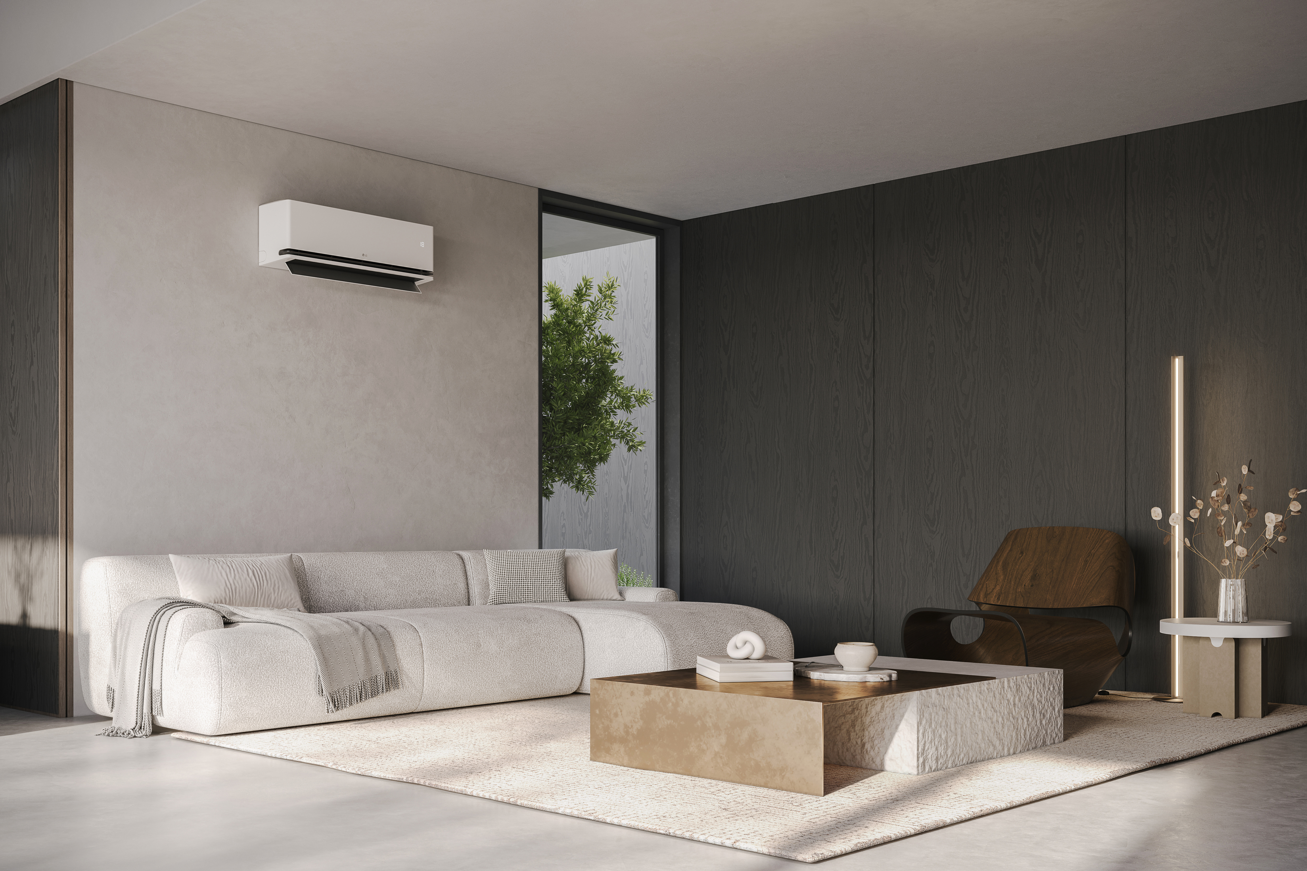 De Dualcool AI Air Special in een woonkamer: dezelfde binnenunit koelt in de zomer en verwarmt in de winter.