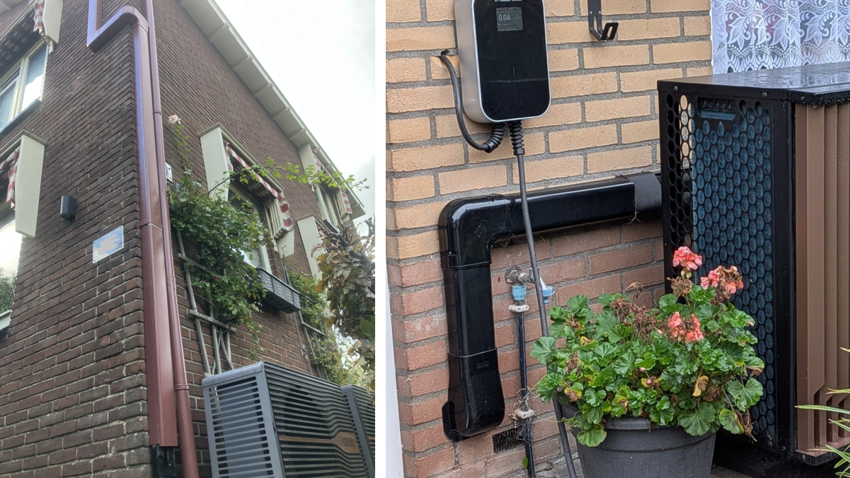 De warmtepomp links is met een open verdeler aangesloten op het cv-systeem en rechts parallel. 